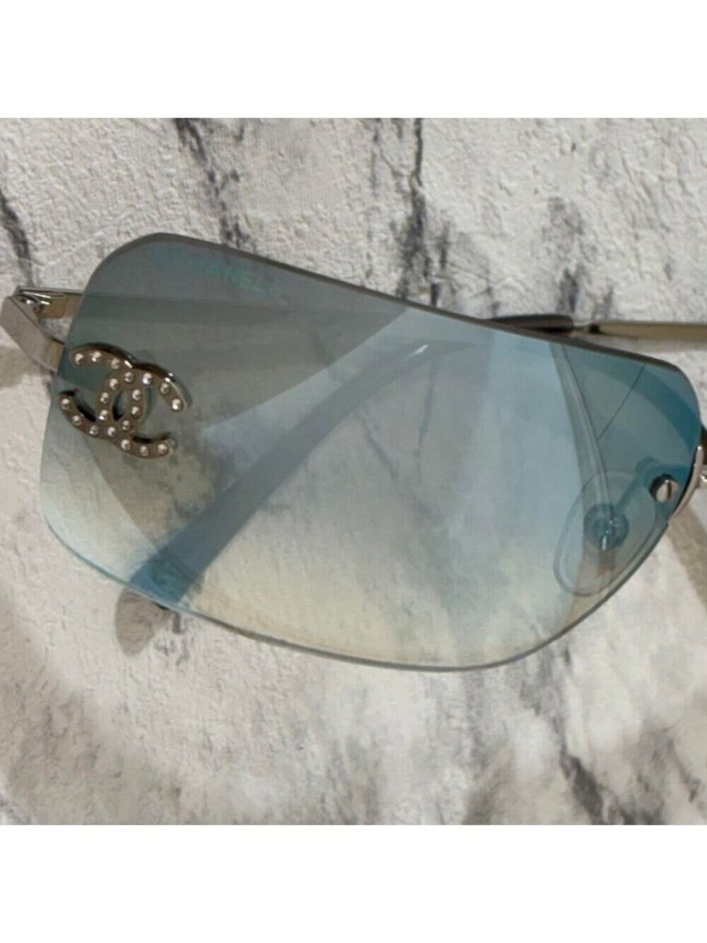 Chanel Vintage Sunglasses Rhinestone Crystal CC Logo Rimless Gradient Blue - Picture 10 of 10